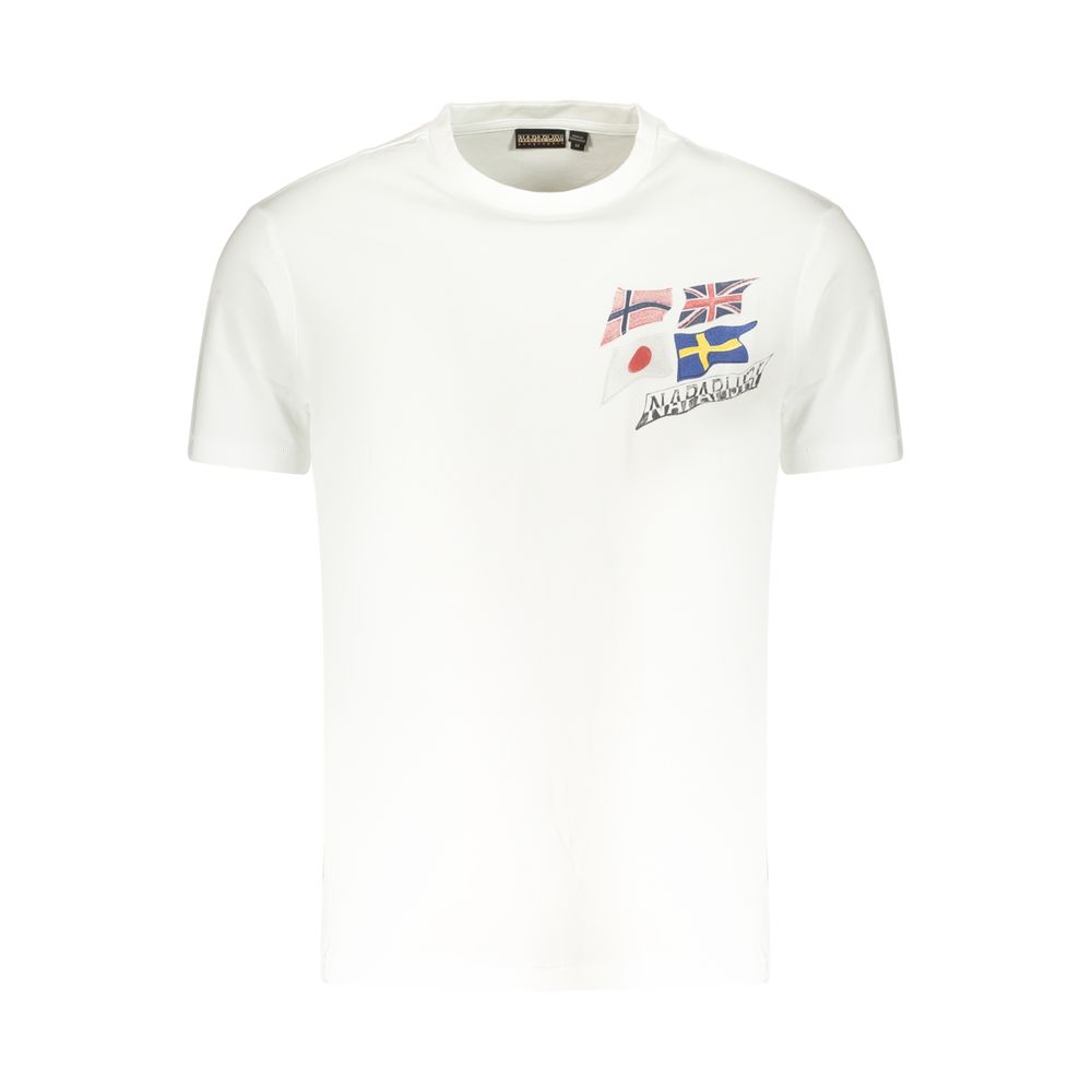 T-Shirt by Napapijri for men in cotton beige, blue & white showcases a fashionable silhouette, elegantly detailed with a fashionable and for a sophisticated, high-fashion look.