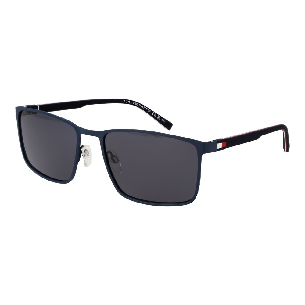 Sunglasses by Tommy Hilfiger for men in metal blue features an lustrous rectangle full-rim frame design with blue coloured frame detailing and non-polarized category-3-dark-tint lens for a lustrous aesthetic.