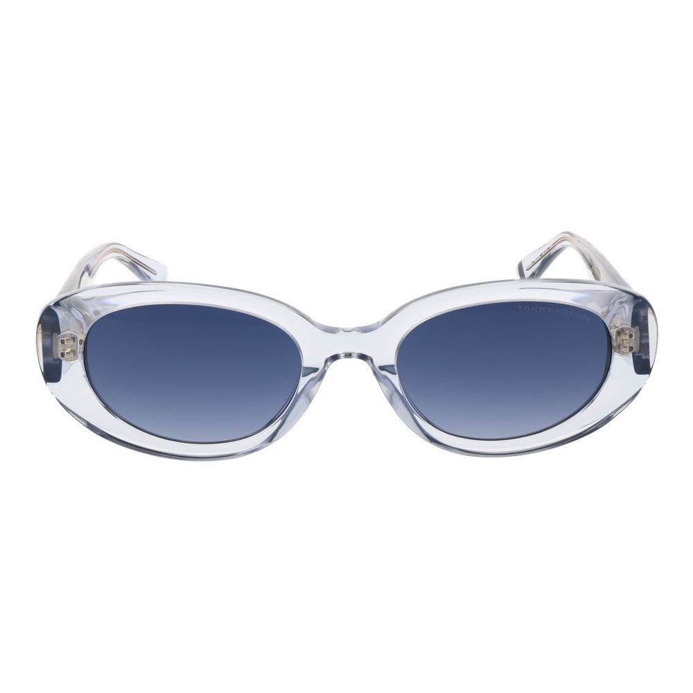 Sunglasses by Tommy Hilfiger for women in acetate blue showcases a ethereal silhouette, featuring blue coloured frame full-rim oval frame design with gradient category-3-dark-tint lens for a ethereal finish.