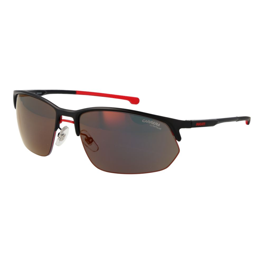 Sunglasses by Carrera Ducati for men in aluminium black features a sumptuous silhouette, showcasing a sumptuous rectangle half-rim frame design in black coloured frame with high-performance mirrored category-2-medium-tint lens.