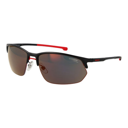Sunglasses by Carrera Ducati for men in aluminium black features a sumptuous silhouette, showcasing a sumptuous rectangle half-rim frame design in black coloured frame with high-performance mirrored category-2-medium-tint lens.