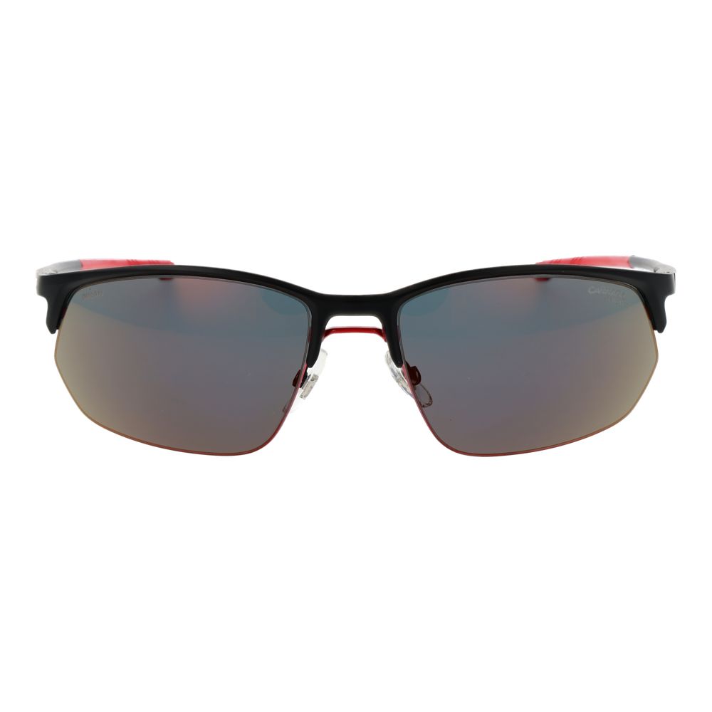 Sunglasses by Carrera Ducati for men in aluminium black features an ethereal rectangle half-rim frame design with black coloured frame frames and mirrored category-2-medium-tint lens for a ethereal finish.