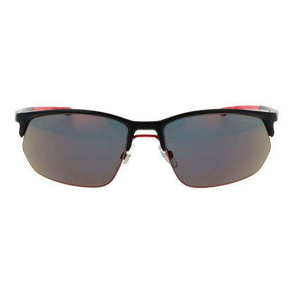 Sunglasses by Carrera Ducati for men in aluminium black features an ethereal rectangle half-rim frame design with black coloured frame frames and mirrored category-2-medium-tint lens for a ethereal finish.
