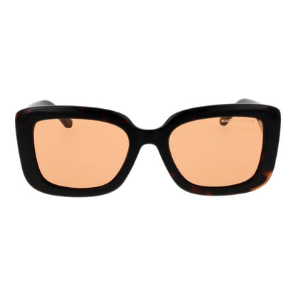 Sunglasses by Marc Jacobs for women in plastic brown features an lustrous full-rim square frame design with brown coloured frame detailing and non-polarized category-1-light-tint lens for a lustrous aesthetic.
