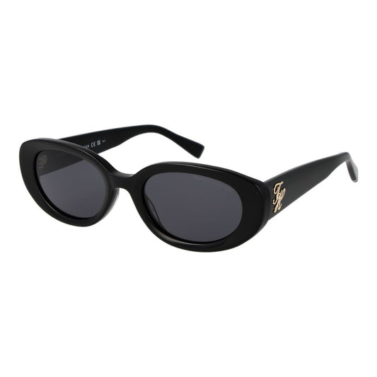 Sunglasses by Tommy Hilfiger for women in acetate black showcases a ethereal silhouette, featuring black coloured frame full-rim oval frame design with non-polarized category-3-dark-tint lens for a ethereal finish.