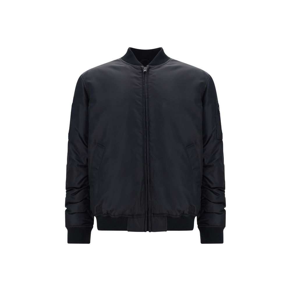 Bomber Jacket by Moschino for men in polyamide black & print features an contemporary silhouette, showcasing a sophisticated crew neckline and contemporary pockets & insulated for a truly refined look.