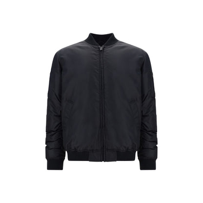 Bomber Jacket by Moschino for men in polyamide black & print features an contemporary silhouette, showcasing a sophisticated crew neckline and contemporary pockets & insulated for a truly refined look.