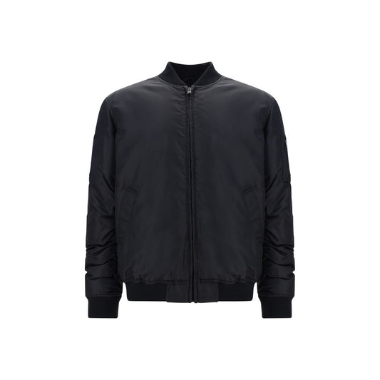 Bomber Jacket by Moschino for men in polyamide black & print features an contemporary silhouette, showcasing a sophisticated crew neckline and contemporary pockets & insulated for a truly refined look.