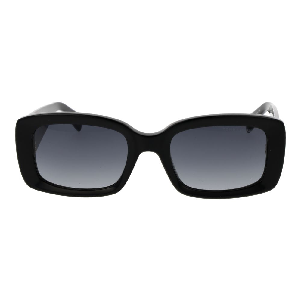 Sunglasses by Tommy Hilfiger for women in acetate black features an lustrous rectangle full-rim frame design with black coloured frame detailing and gradient category-3-dark-tint lens for a lustrous aesthetic.