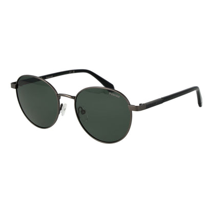 Sunglasses by Polaroid for men in metal gray features a sumptuous silhouette, showcasing a sumptuous full-rim panto frame design in gray coloured frame with high-performance polarized category-3-dark-tint lens.