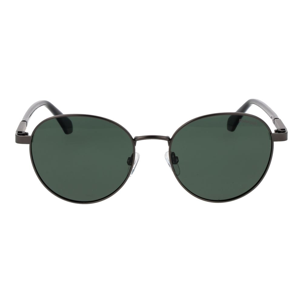Sunglasses by Polaroid for men in metal gray features a sumptuous silhouette, showcasing a sumptuous full-rim panto frame design in gray coloured frame with high-performance polarized category-3-dark-tint lens.