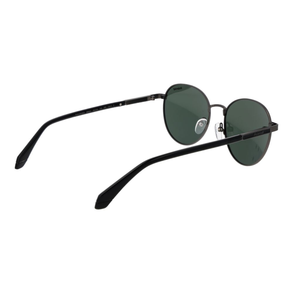 Sunglasses by Polaroid for men in metal and gray featuring an opulent full-rim panto frame design with a sophisticated gray coloured frame finish and high-performance polarized category-3-dark-tint lens.