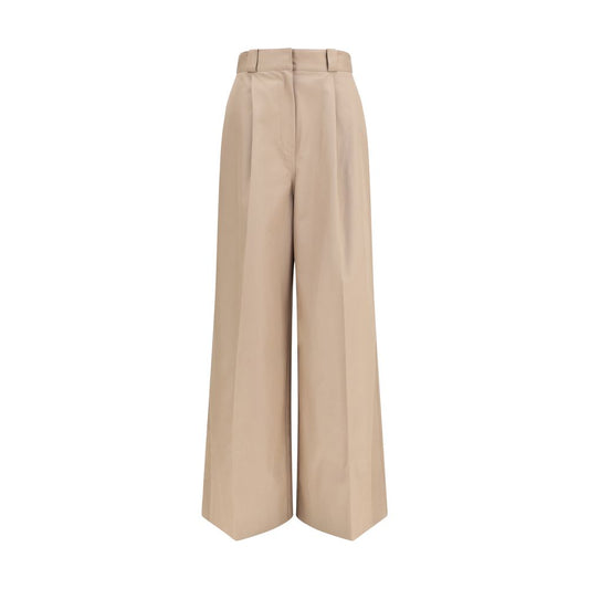 Trousers by Balenciaga for women in cotton twill & leather beige & gray presents a perennial silhouette, meticulously tailored with a flared, regular-fit & wide cut, long finish, and an elegant high rise.