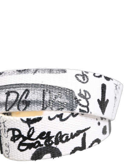 Dolce & Gabbana White Graffiti Print Gold Metal Buckle Belt