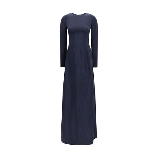 Dress by Maison Margiela for women in cupro blue & copper presents a sinuous silhouette, showcasing a sophisticated crew neckline and long-sleeve detailed with a sinuous long for a refined finish.