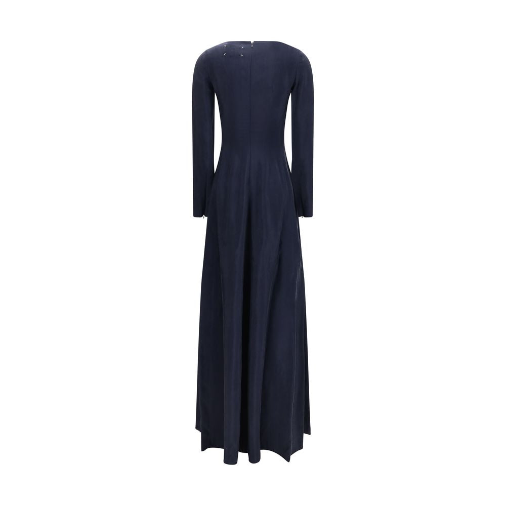 Dress by Maison Margiela for women in cupro blue & copper features an eye catching silhouette with a sophisticated crew neckline, elegant , and a refined long for a eye catching aesthetic.