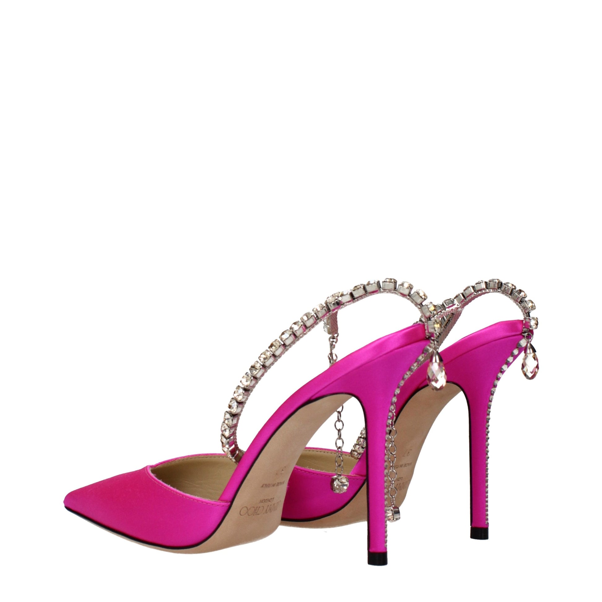 Stiletto Sandals by Jimmy Choo for women in satin fuchsia & pink features an exquisite silhouette, showcasing the exquisite Women's Satin Stiletto Sandals with a stiletto and .