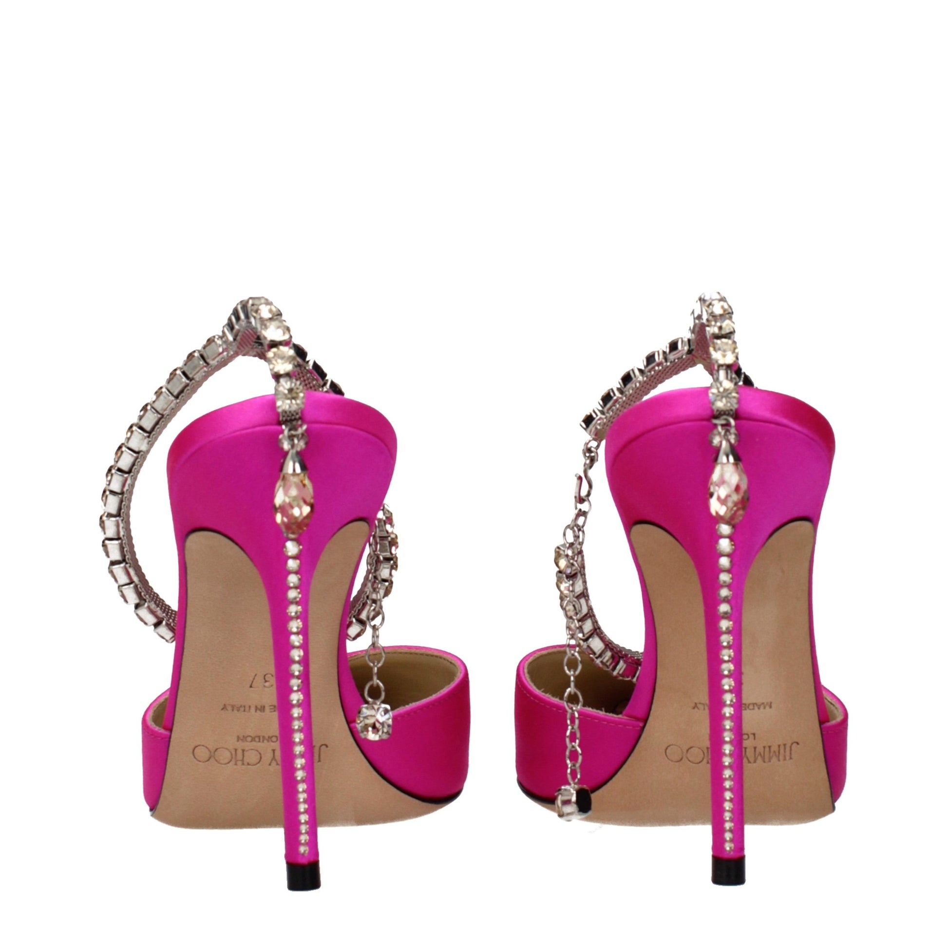 Stiletto Sandals by Jimmy Choo for women in satin fuchsia & pink presents a sculptural silhouette, showcasing the Women's Satin Stiletto Sandals design with a sculptural stiletto and for a premium look.