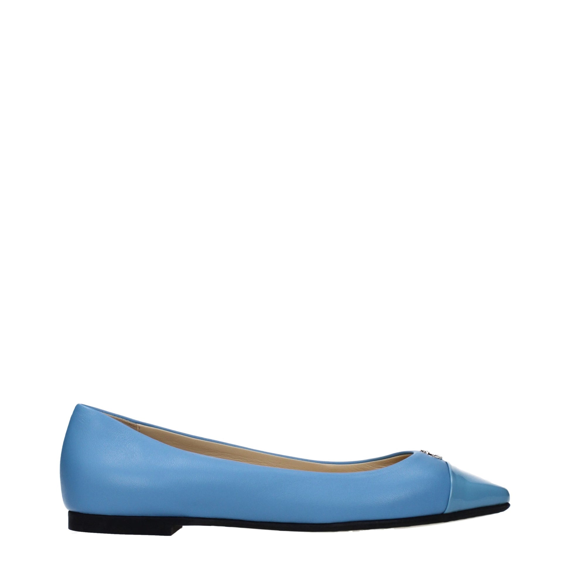 Ballet Flat Shoes by Jimmy Choo for women in leather light-blue presents a effortless chic silhouette, showcasing the Women's Leather Ballet Flat Shoes design with a effortless chic and for a sophisticated look.