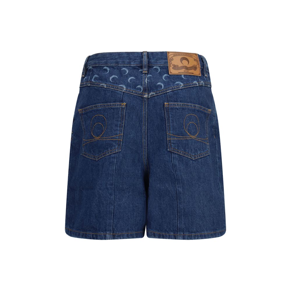 Denim Shorts by Marine Serre for women in cotton denim twill blue & signature presents a utilitarian silhouette, showcasing a utilitarian straight-leg & regular-fit with a short and high rise.