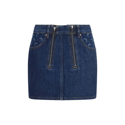 Skirt by Marine Serre for women in organic cotton twill blue showcases a sultry silhouette, elegantly defined by its mini and the sophisticated sultry design of the Women's Organic Cotton Twill Mini Skirt.