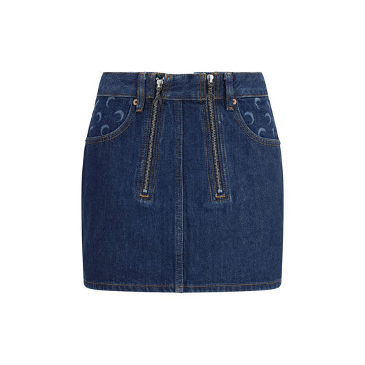 Skirt by Marine Serre for women in organic cotton twill blue showcases a sultry silhouette, elegantly defined by its mini and the sophisticated sultry design of the Women's Organic Cotton Twill Mini Skirt.