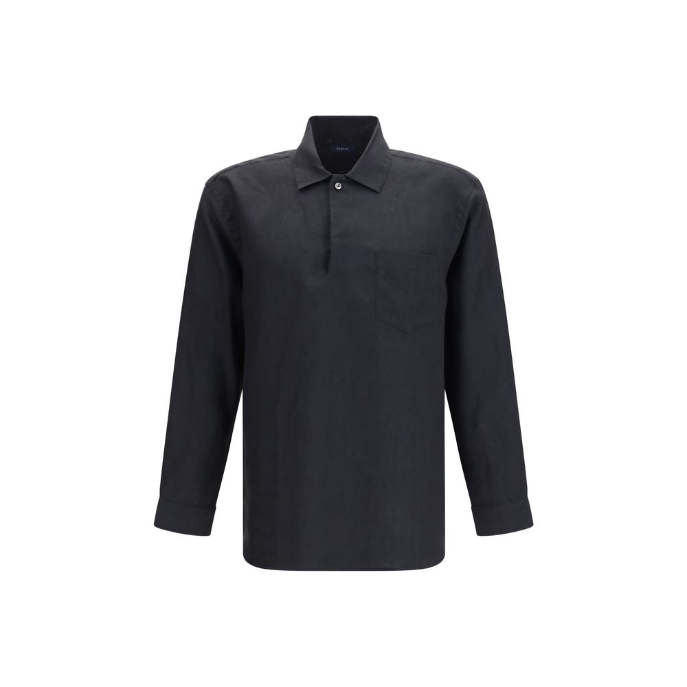 Dress Shirt by Deperlu for men in linen black & natural, featuring a nuanced long-sleeve and nuanced for a sophisticated finish.