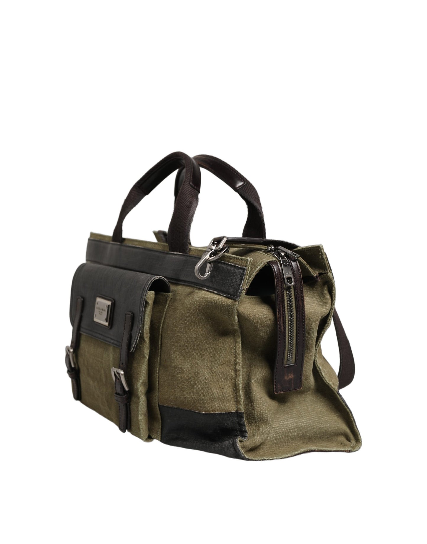 Shoulder Tote Clutch Convertible Handbag by Dolce & Gabbana for men in leather & metal dark-green & military-green features a polished silhouette with a secure buckle, ample , and polished shoulder-strap for a sophisticated look.