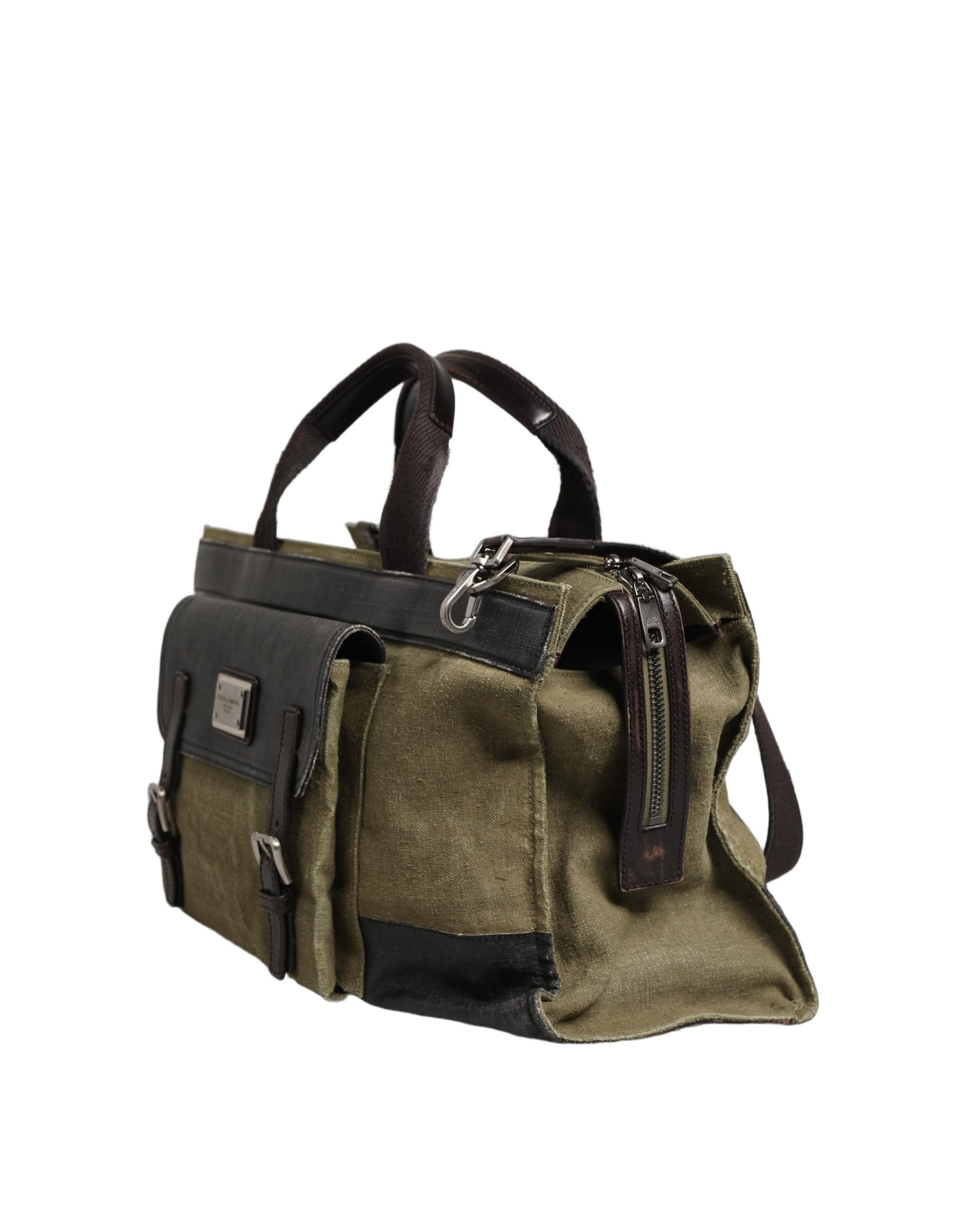 Shoulder Tote Clutch Convertible Handbag by Dolce & Gabbana for men in leather & metal dark-green & military-green features a polished silhouette with a secure buckle, ample , and polished shoulder-strap for a sophisticated look.