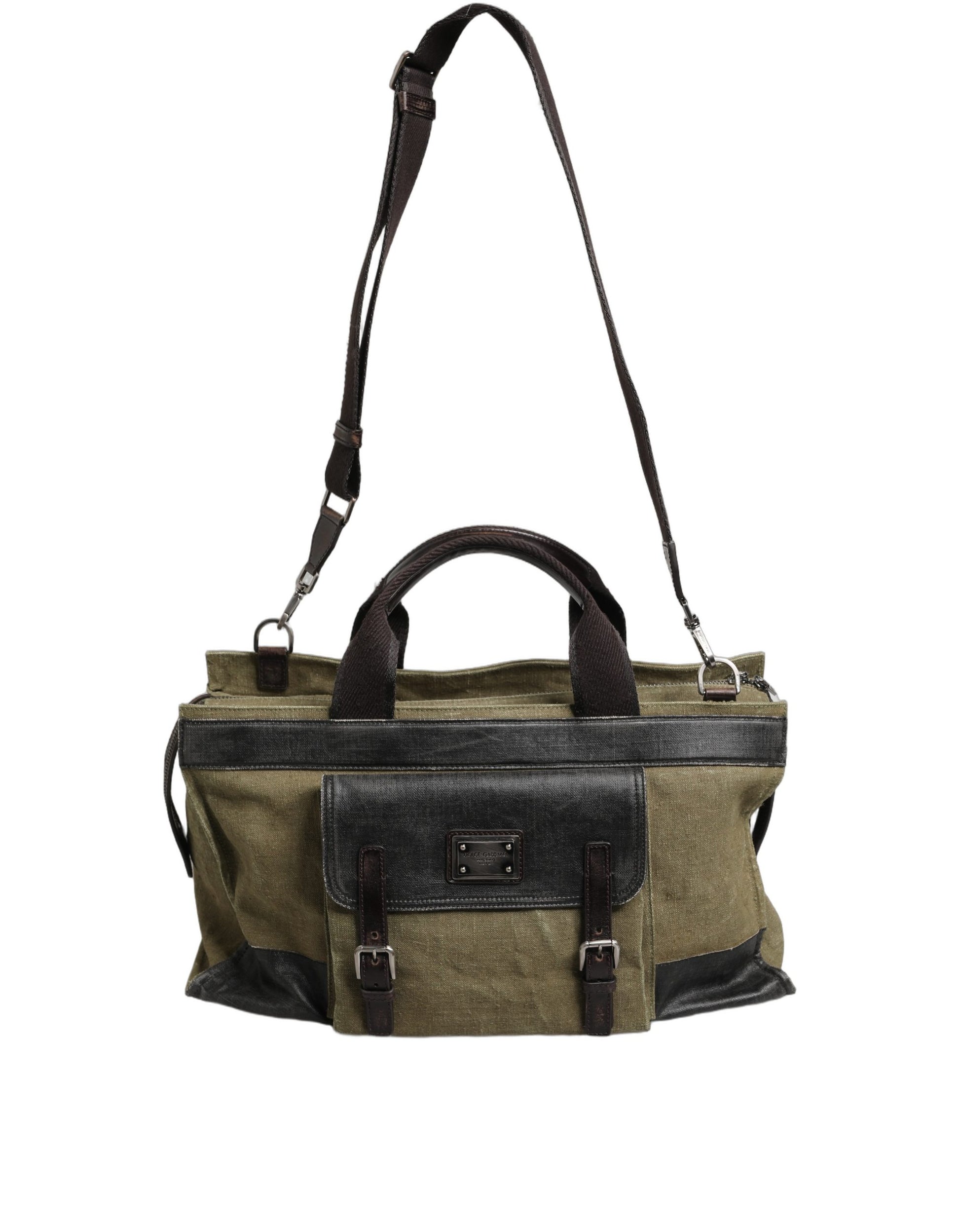 Shoulder Tote Clutch Convertible Handbag by Dolce & Gabbana for men in leather & metal dark-green & military-green presents a enviable design with a secure buckle, ample , and versatile shoulder-strap for a sophisticated look.