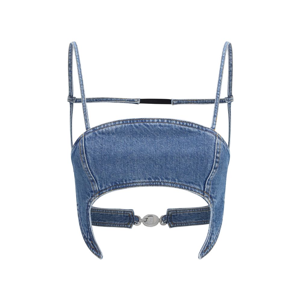 Shirt by Marine Serre for women in organic cotton denim blue features an architectural silhouette with a refined strapless and elegant strapless neckline for a architectural look.