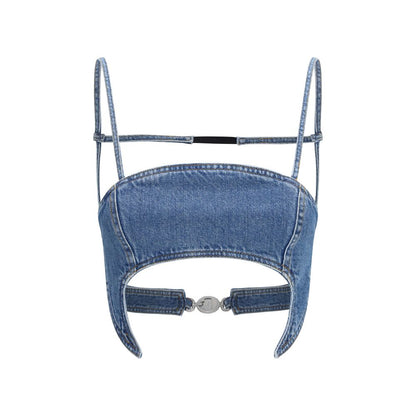 Shirt by Marine Serre for women in organic cotton denim blue features an architectural silhouette with a refined strapless and elegant strapless neckline for a architectural look.