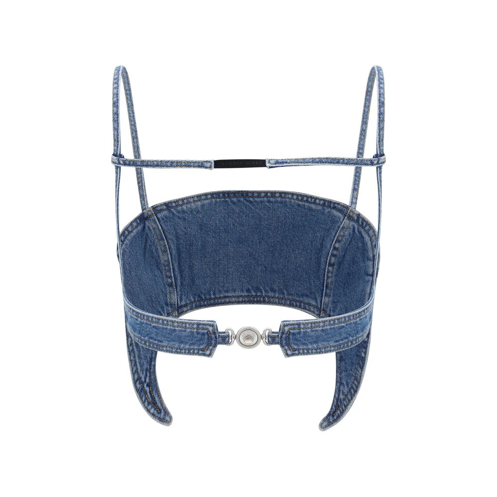 Shirt by Marine Serre for women in organic cotton denim blue showcases a sublime silhouette, artfully detailed with a sublime strapless neckline and for a sophisticated, sublime finish.