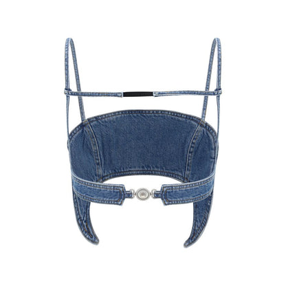 Shirt by Marine Serre for women in organic cotton denim blue showcases a sublime silhouette, artfully detailed with a sublime strapless neckline and for a sophisticated, sublime finish.