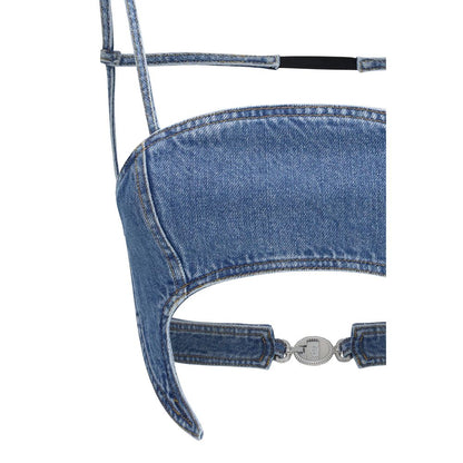 Shirt by Marine Serre for women in organic cotton denim blue showcases a sharp silhouette, elegantly detailed with a sharp and sharp .