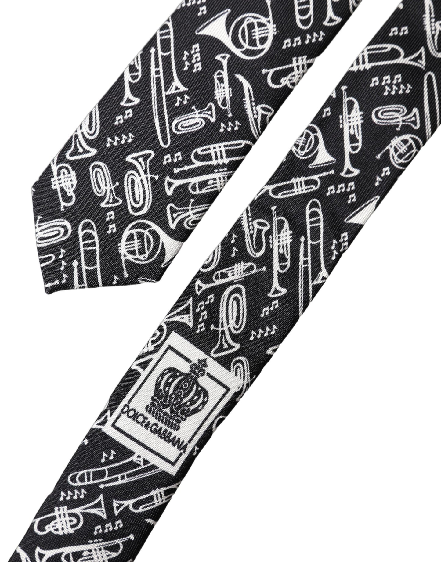 Dolce & Gabbana Black Trumpet Print Silk Adjustable Men Tied Necktie Tie