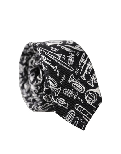 Dolce & Gabbana Black Trumpet Print Silk Adjustable Men Tied Necktie Tie