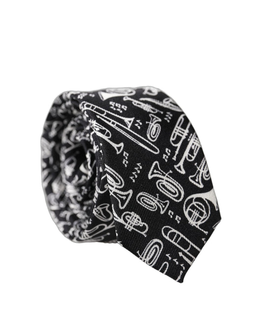Dolce & Gabbana Black Trumpet Print Silk Adjustable Men Tied Necktie Tie