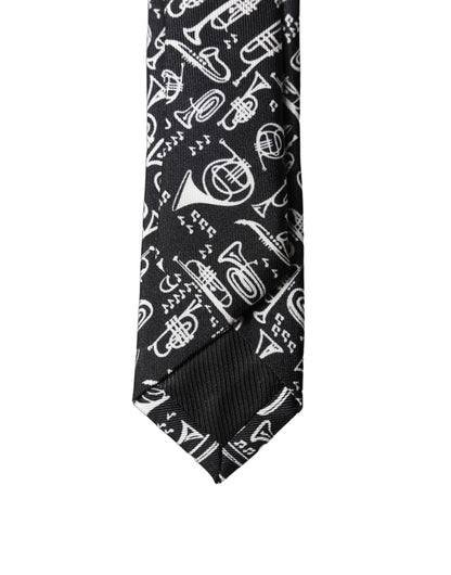 Dolce & Gabbana Black Trumpet Print Silk Adjustable Men Tied Necktie Tie