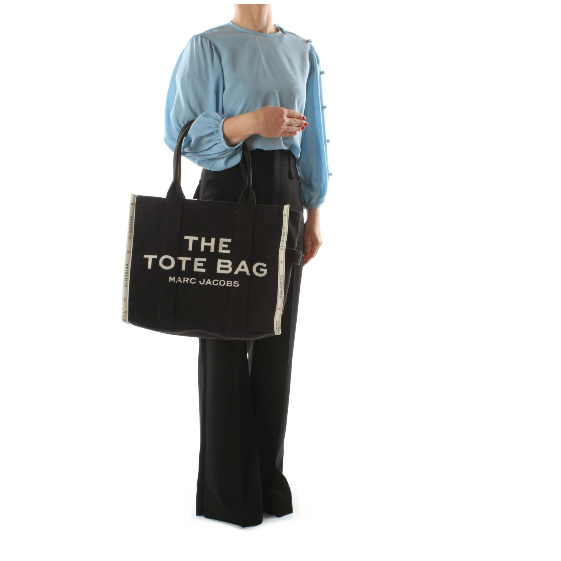 Large Shoulder Bag by Marc Jacobs for women in fabric black presents a statuesque silhouette, showcasing a secure zipper and statuesque internal-pockets with versatile shoulder-strap & handle for a sophisticated look.