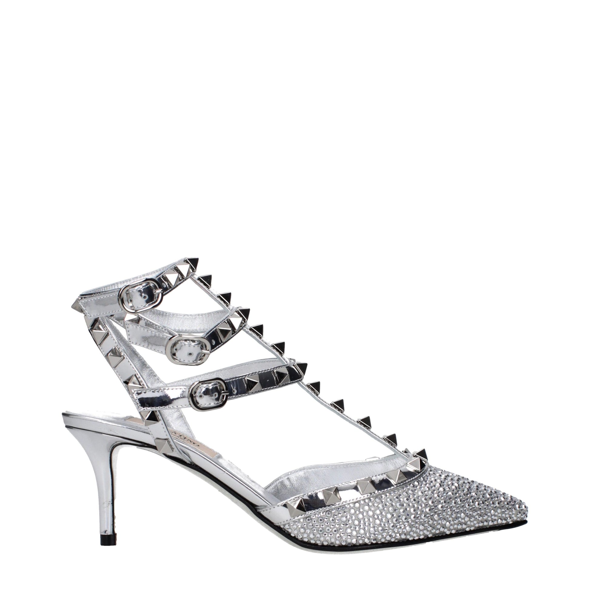 Stiletto Sandals by Valentino Garavani for women in patent leather gray & silver showcases a sculptural silhouette as Women's Patent Leather Stiletto Sandals, defined by a sculptural stiletto and sculptural for a sculptural look.