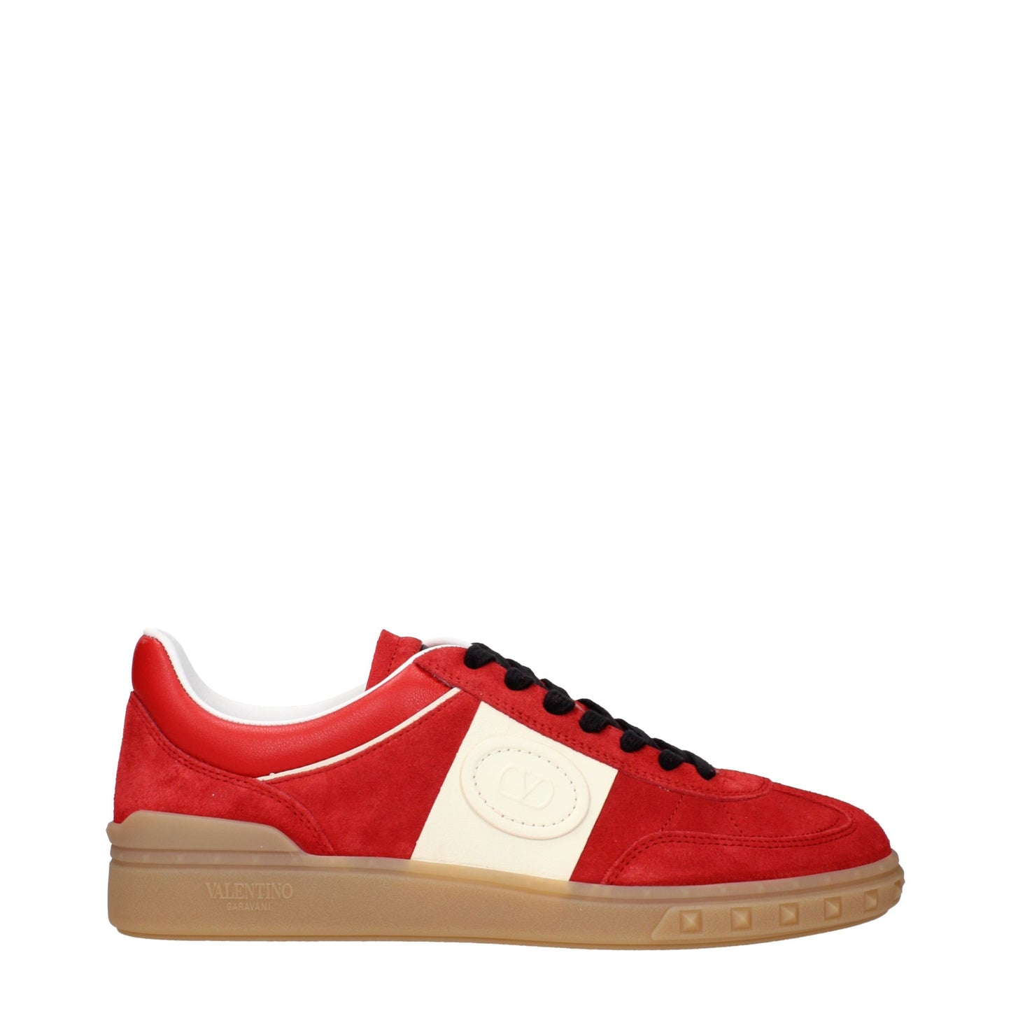 Sneakers by Valentino Garavani for men in suede leather & rubber ivory & red presents a impeccable silhouette as Men's Low Top Suede Leather & Rubber Sneakers, expertly defined by a impeccable low-top style for a impeccable, high-fashion look.