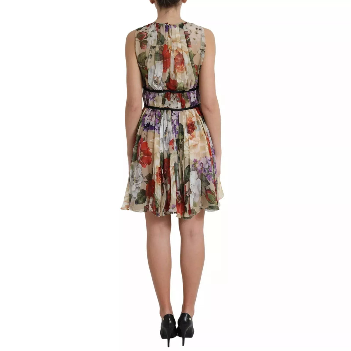 Dolce & Gabbana Women's A Line Cocktail Sleeveless Stretch Cotton Nylon & Silk Short Mini Dress - Beige Patterned Floral