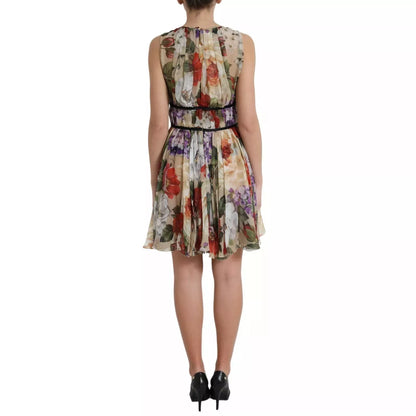 Dolce & Gabbana Women's A Line Cocktail Sleeveless Stretch Cotton Nylon & Silk Short Mini Dress - Beige Patterned Floral
