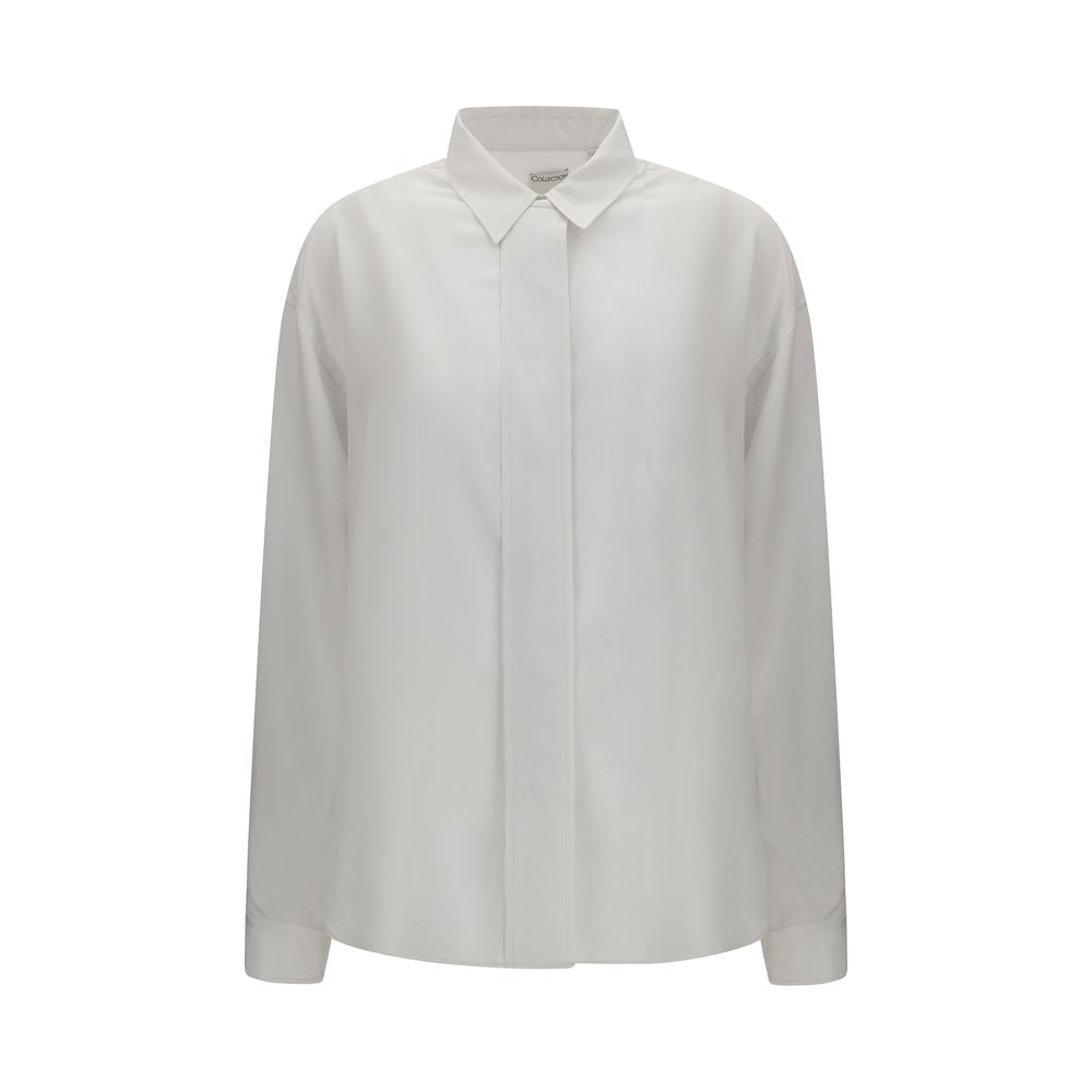 Dress Shirt by Calvin Klein for women in silk white presents a discerning silhouette, showcasing a sophisticated asymmetric neckline and long-sleeve for a truly discerning finish.