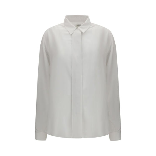 Dress Shirt by Calvin Klein for women in silk white presents a discerning silhouette, showcasing a sophisticated asymmetric neckline and long-sleeve for a truly discerning finish.