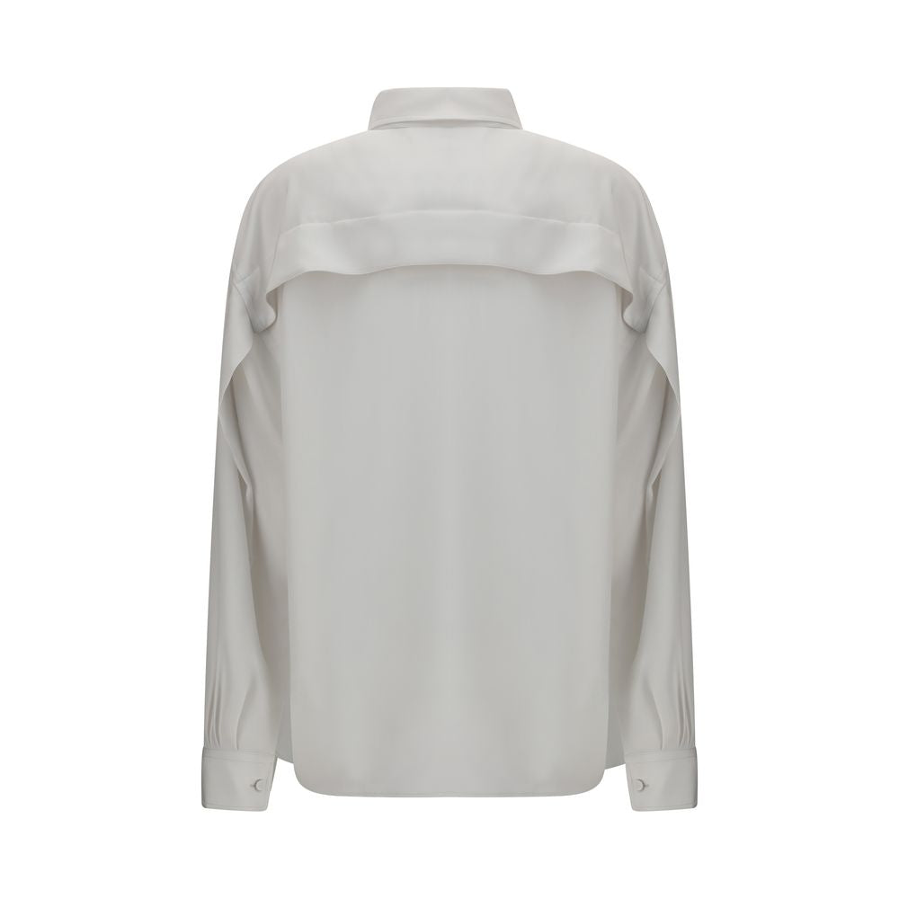 Dress Shirt by Calvin Klein for women in silk white showcases a sharp silhouette, elegantly detailed with a sharp asymmetric neckline and sharp .