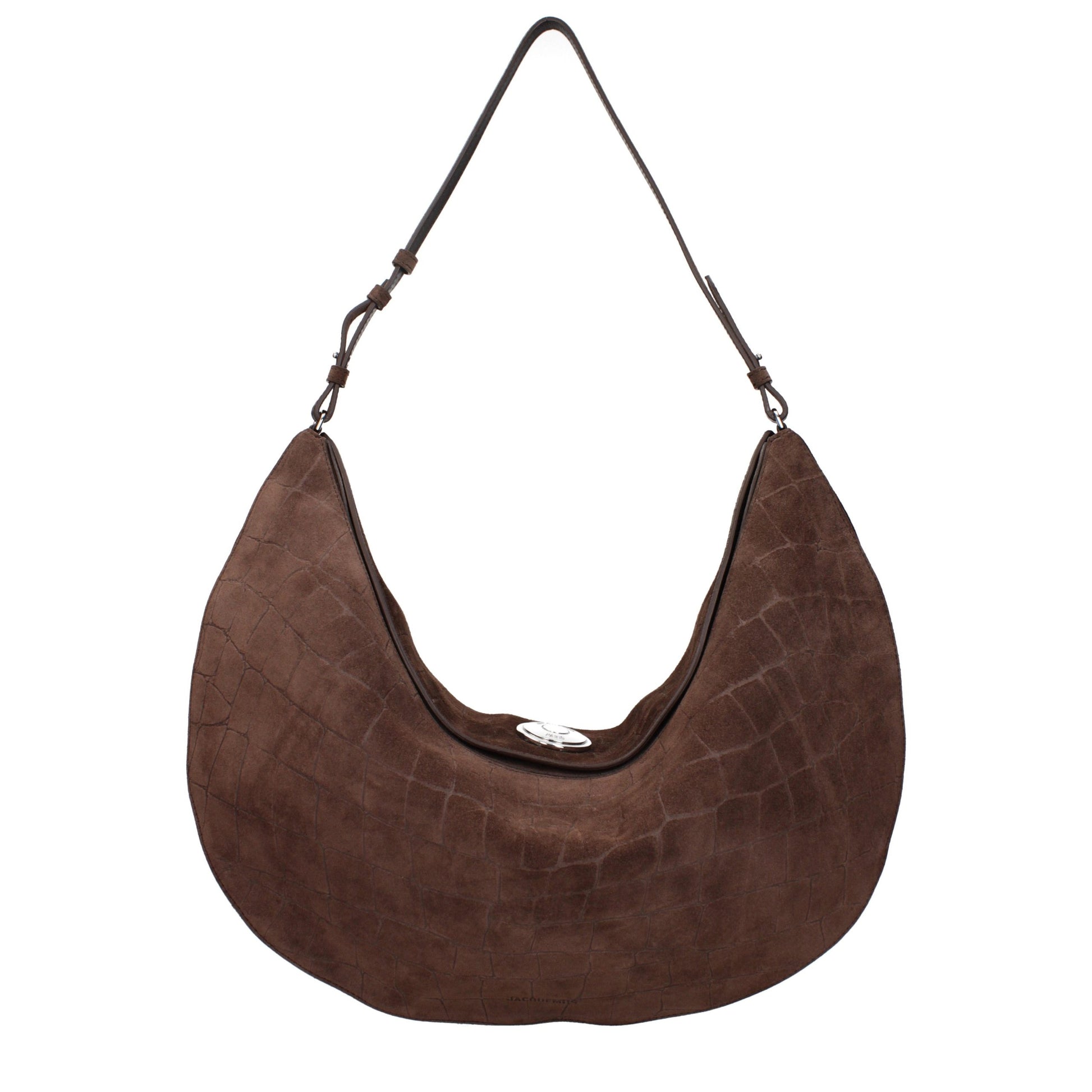 Shoulder Bag by Jacquemus for women in suede leather brown presents a statuesque silhouette, showcasing a secure and statuesque with versatile shoulder-strap & handle for a sophisticated look.