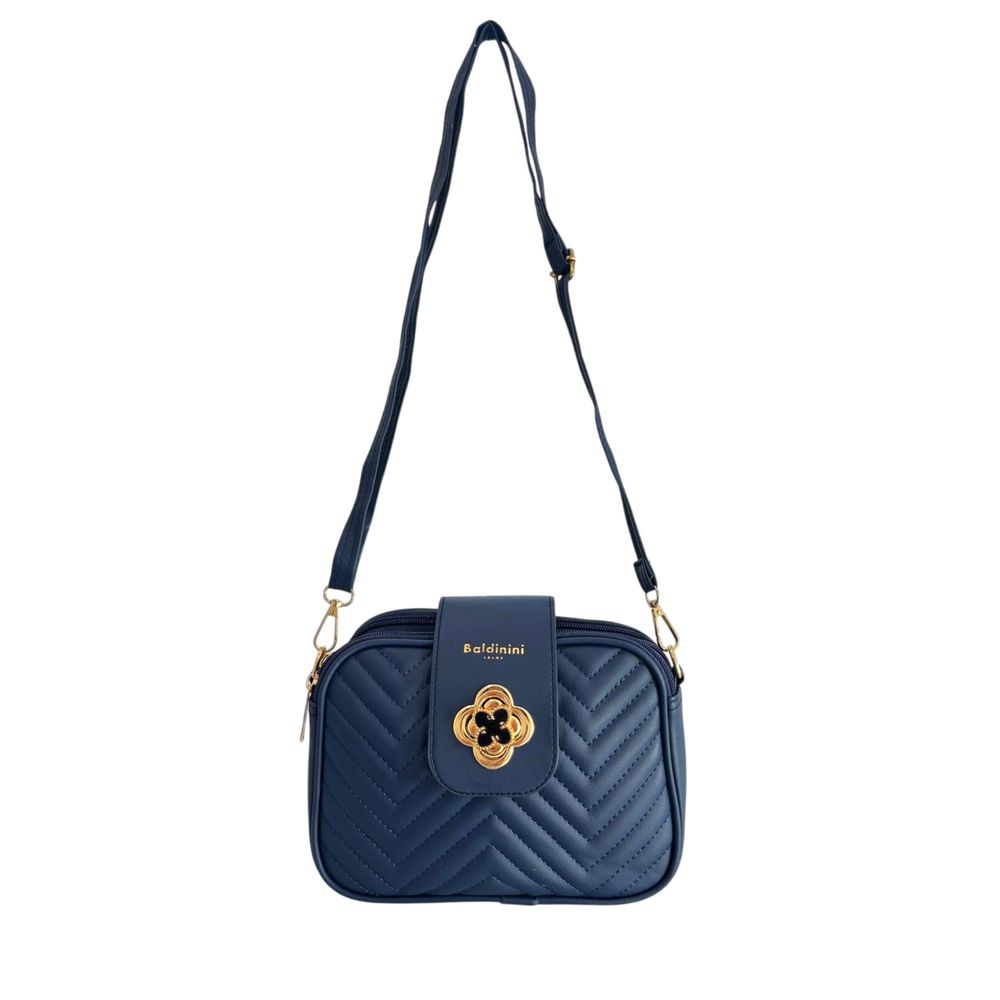 Compact Crossbody Handbag by Baldinini Trend for women in polyurethane blue & gold features a multifaceted silhouette, showcasing a secure zipper and multifaceted built-in-compartments with versatile crossbody-strap, shoulder-strap & adjustable-strap for multifaceted style.
