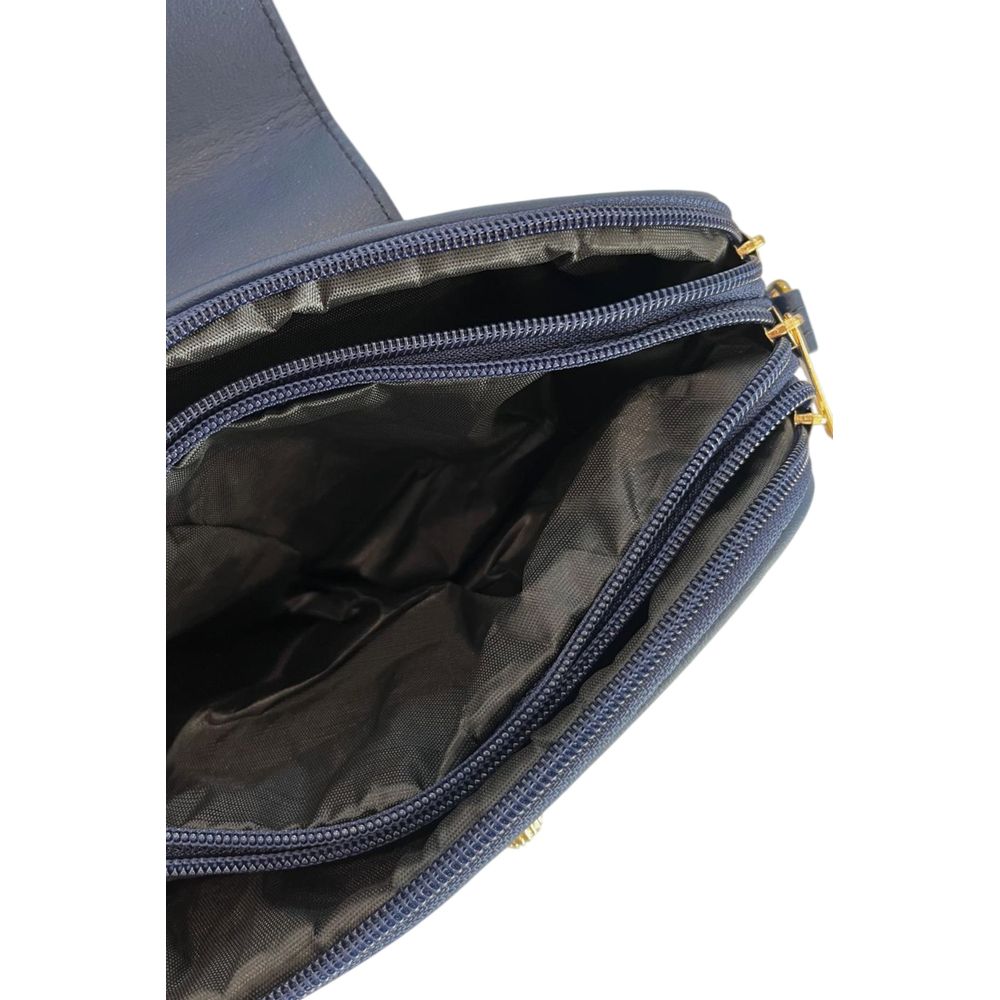 Compact Crossbody Handbag by Baldinini Trend for women in polyurethane blue & gold features a transformative elegance silhouette, showcasing a secure zipper, organized built-in-compartments, and versatile crossbody-strap, shoulder-strap & adjustable-strap for a transformative elegance look.